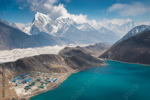 Landscape of Gokyo lake surrounded by Himalaya mountains range in Everest base camp trekking route, Nepal