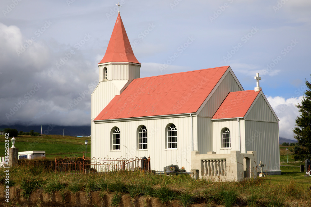 Akureyri / Iceland - August 26, 2017: The church in Laufas Folk museum area, Iceland, Europe