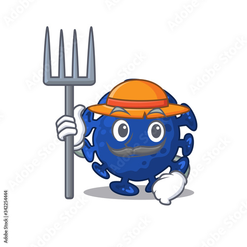 Cartoon character design of streptococcus as a Farmer with hat and pitchfork