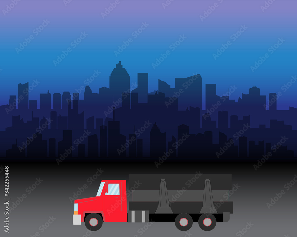 Jpeg illustration of delivery truck on the city silhouette. Transportation for shipping and freight goods