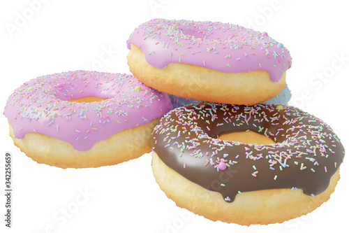3D Rendering donuts with sprinkles isolated on white background