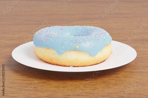 3D Rendering donut with sprinkles on wooden table