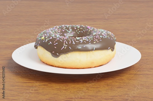 3D Rendering donut with sprinkles on wooden table