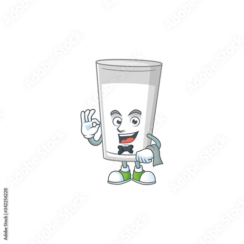 A glass of milk waiter cartoon character ready to serve