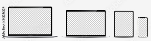 Device screen mockup. Laptop pro and thin, tablet and smartphone silver colors with blank screens for you design. Realistic vector illustration.