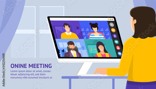 Illustrations flat design concept video conference. online meeting work form home. Vector illustrate.