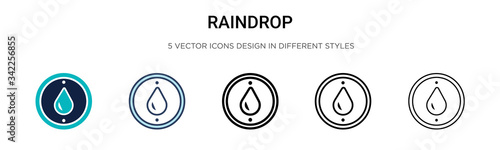 Raindrop icon in filled, thin line, outline and stroke style. Vector illustration of two colored and black raindrop vector icons designs can be used for mobile, ui, web