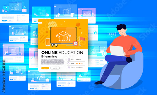 Illustrations flat design concept online education. E-learning course study form home. Vector illustrate.