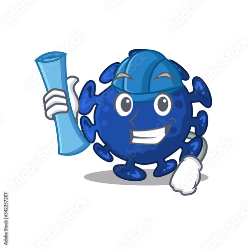Cartoon character of streptococcus brainy Architect with blue prints and blue helmet