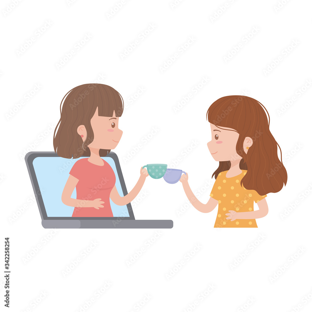 stay at home, social distancing, women connected laptop taking coffee stay at home, social distancing, women connected laptop taking coffee