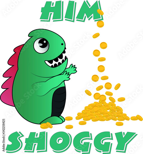 t shirt design vector. him shoggy. illustration. kids, cartoon character, coins.