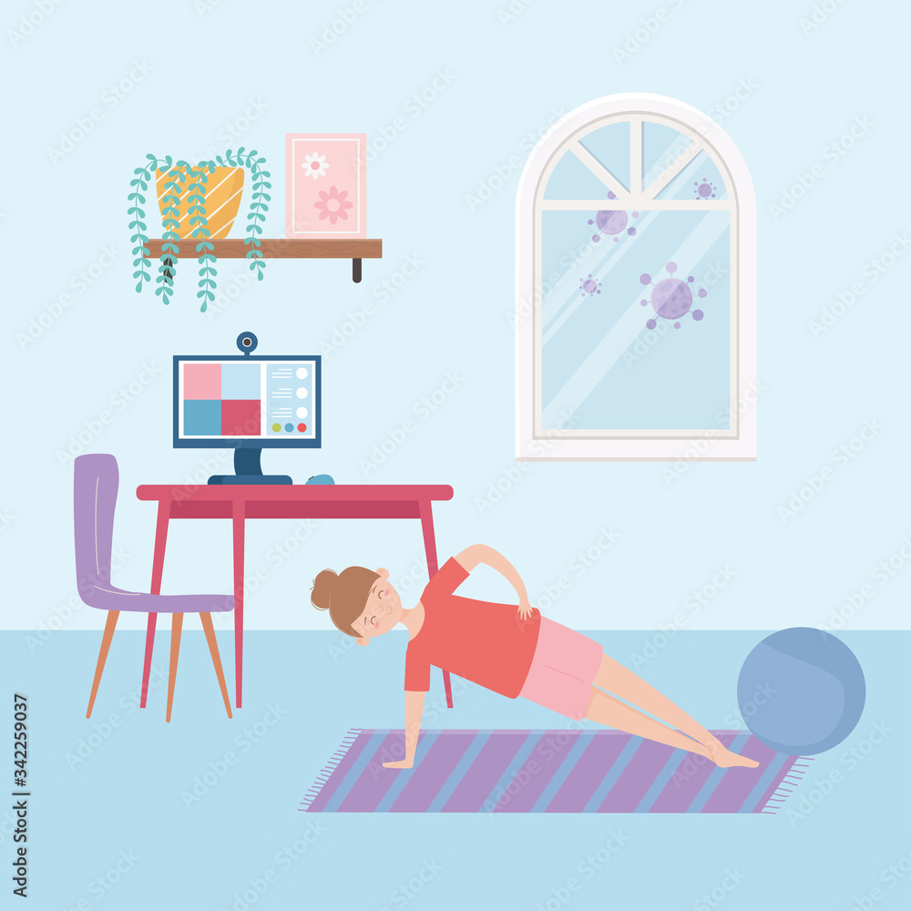Fototapeta premium stay at home, young woman practicing exercises and computer in room