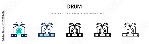 Drum icon in filled, thin line, outline and stroke style. Vector illustration of two colored and black drum vector icons designs can be used for mobile, ui, web