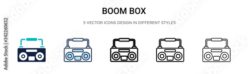 Boom box icon in filled, thin line, outline and stroke style. Vector illustration of two colored and black boom box vector icons designs can be used for mobile, ui, web