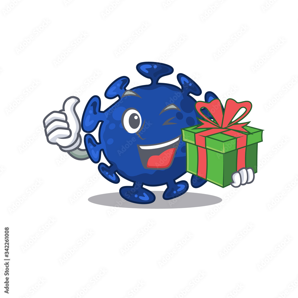 Smiling streptococcus cartoon character having a green gift box Smiling streptococcus cartoon character having a green gift box