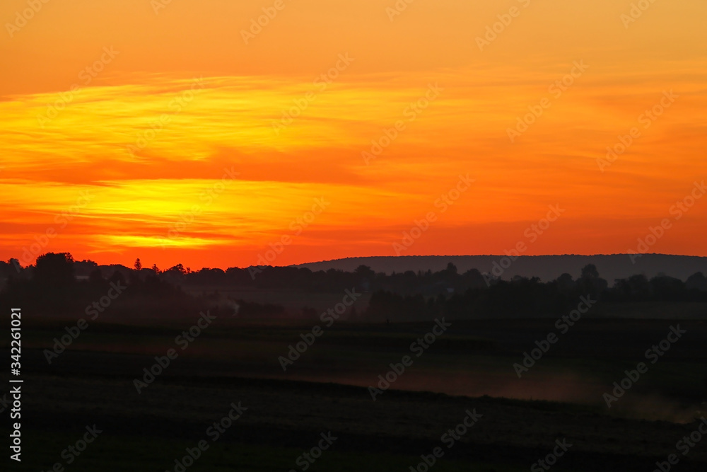 The field during sunset, dust from the car, selective focus. The field during sunset, dust from the car, selective focus.