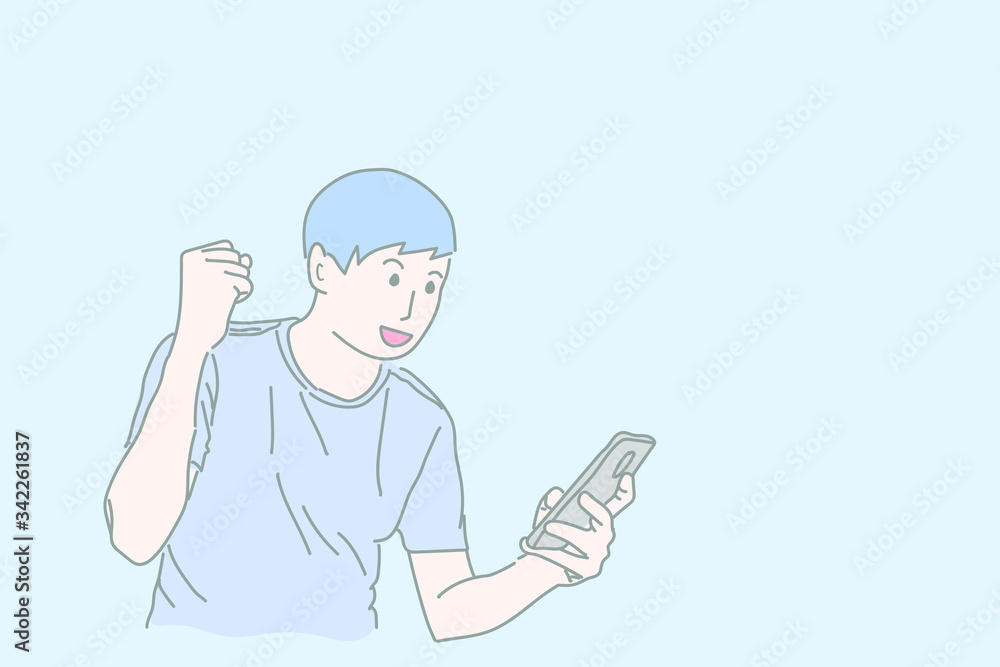 Man holding smartphone and very happy with something in phone.Concept winner in game.Hand draw vector. Man holding smartphone and very happy with something in phone.Concept winner in game.Hand draw vector.
