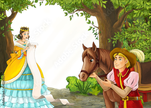 Cartoon nature scene with prince and princess and on journey