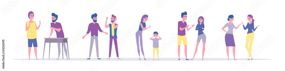 Collection of pairs of people during conflict or disagreement. Set of men and women quarreling, brawling, bickering, shouting at each other. Colorful vector illustration in flat cartoon style.
Collection of pairs of people during conflict or disagreement. Set of men and women quarreling, brawling, bickering, shouting at each other. Colorful vector illustration in flat cartoon style.
