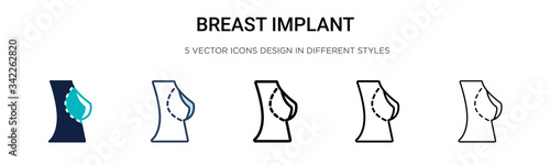 Breast implant icon in filled, thin line, outline and stroke style. Vector illustration of two colored and black breast implant vector icons designs can be used for mobile, ui, web