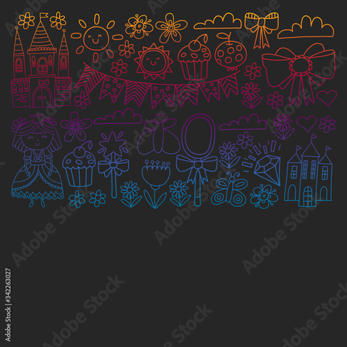 Vector pattern for little girls. Princess illustration for happy birthday party. Blackboard chalk illustration