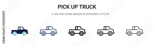 Pick up truck icon in filled, thin line, outline and stroke style. Vector illustration of two colored and black pick up truck vector icons designs can be used for mobile, ui, web