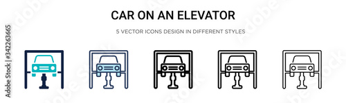 Car on an elevator icon in filled, thin line, outline and stroke style. Vector illustration of two colored and black car on an elevator vector icons designs can be used for mobile, ui, web