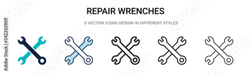 Repair wrenches icon in filled, thin line, outline and stroke style. Vector illustration of two colored and black repair wrenches vector icons designs can be used for mobile, ui, web
