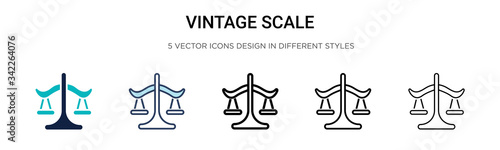 Vintage scale icon in filled, thin line, outline and stroke style. Vector illustration of two colored and black vintage scale vector icons designs can be used for mobile, ui, web