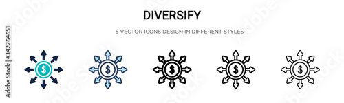 Diversify icon in filled, thin line, outline and stroke style. Vector illustration of two colored and black diversify vector icons designs can be used for mobile, ui, web photo