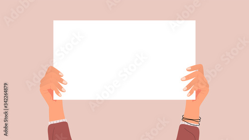 Hands holding white paper raised on air. Cartoon style. Vector illustration.