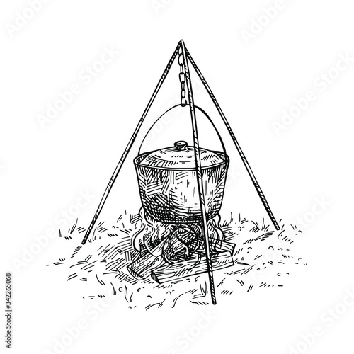 Hand drawn Pot on fire. Sketch Hike and camping hand drawn illustration. Cooking. Engraving style. 