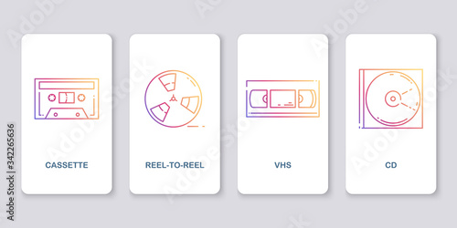 Icons of retro audio and video media. Cassette, reel, VHS, CD. Linear flat style illustration with gradient.