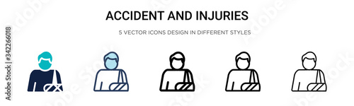 Accident and injuries icon in filled, thin line, outline and stroke style. Vector illustration of two colored and black accident and injuries vector icons designs can be used for mobile, ui, web