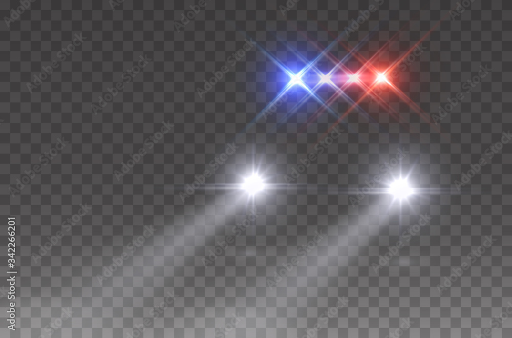 Police headlights flares and siren effect front view. Realistic emergency car lights isolated on transparent background. Vector special red blue bar beams at night