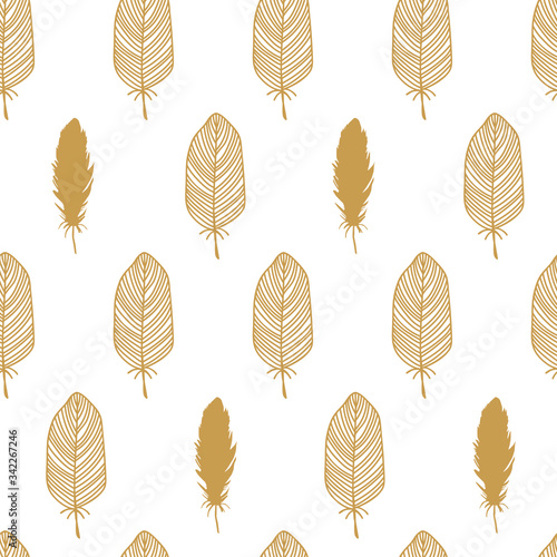 Background seamless feathers pattern abstract. Gold isolated on white. Hand-drawn vector illustration.