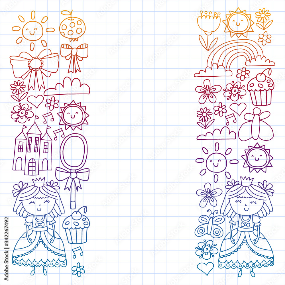 Vector pattern for little girls. Princess illustration for happy birthday party. Blackboard chalk illustration