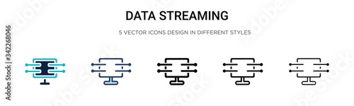 Data streaming icon in filled, thin line, outline and stroke style. Vector illustration of two colored and black data streaming vector icons designs can be used for mobile, ui, web