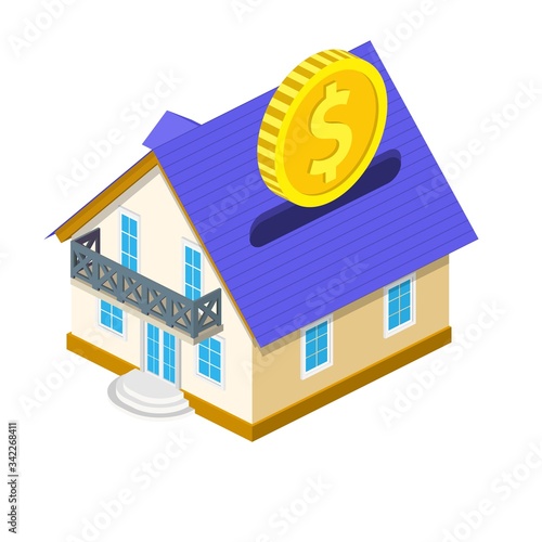 isometric gold dollar coin falling into house piggy bank. Investment, saving, dream, payment and wealth concept. House Loan, Rent and Mortgage Concept. Vector illustration in flat style.