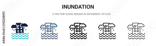 Inundation icon in filled, thin line, outline and stroke style. Vector illustration of two colored and black inundation vector icons designs can be used for mobile, ui, web