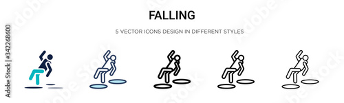 Falling icon in filled, thin line, outline and stroke style. Vector illustration of two colored and black falling vector icons designs can be used for mobile, ui, web
