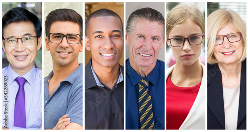 Confident young and mature business professionals portrait set. Smiling men and women of different ages and races multiple shot collage. Business people concept