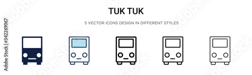 Tuk tuk icon in filled, thin line, outline and stroke style. Vector illustration of two colored and black tuk tuk vector icons designs can be used for mobile, ui, web