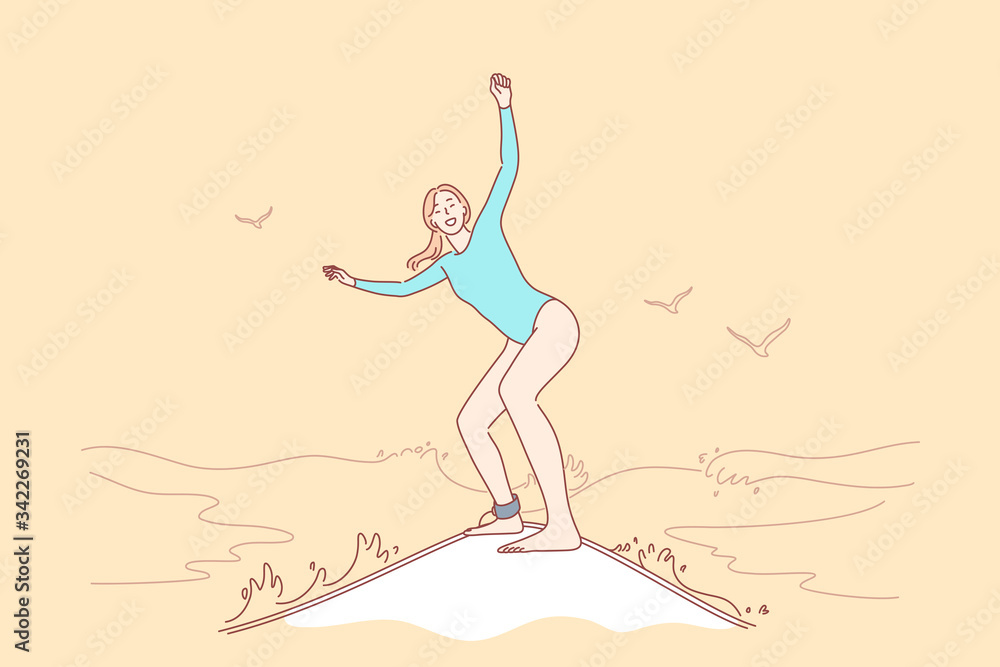Surfing, sport, summer vacation concept. Young happy woman surfer in bikini, girl teenager athlete cartoon character riding on board, catching ocean or sea waves. Extreme activity and active lifestyle