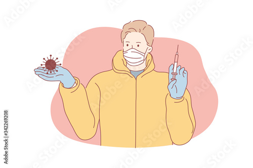 Coronavirus, vaccine, healthcare concept. Young man or boy cartoon character in medical face mask holding syringe with cure from COVID19 desease. 2019ncov infection influenza treatment illustration. photo