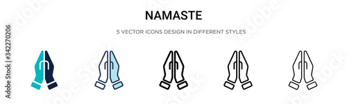 Namaste icon in filled, thin line, outline and stroke style. Vector illustration of two colored and black namaste vector icons designs can be used for mobile, ui, web