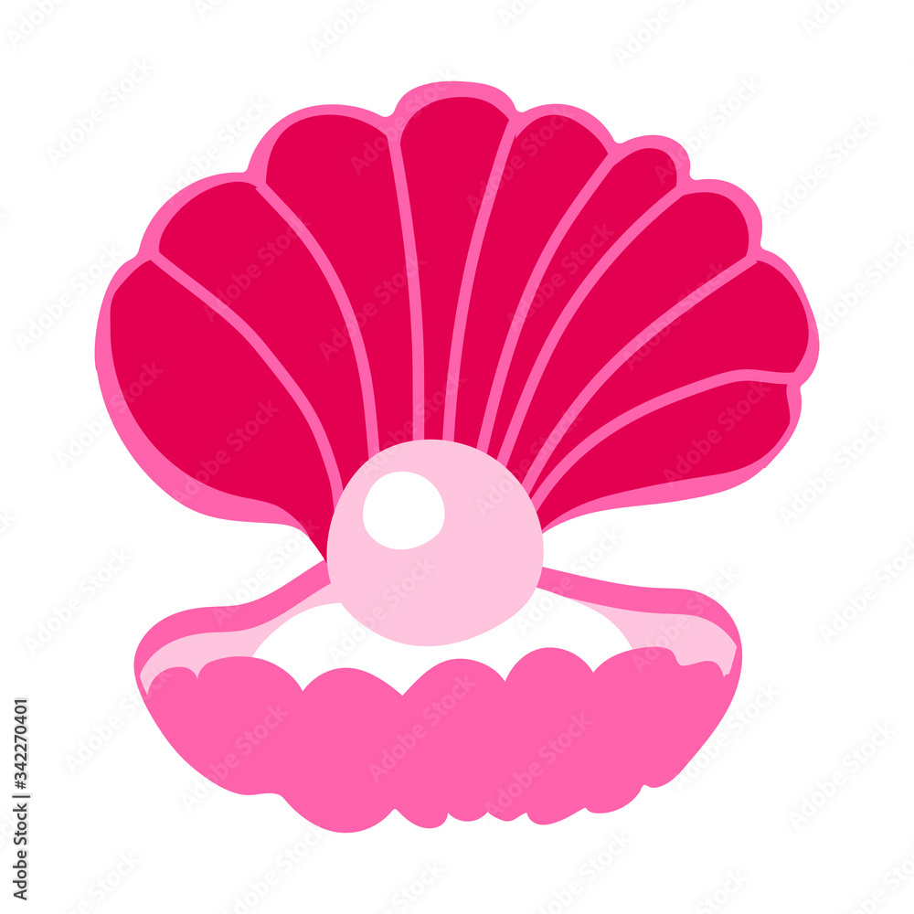 Pink shell with a pearl in a flat style. Vectra clip art, sticker, nautical theme. Design underwater world and aquariums. Treasures deep in the ocean. Cute seashell with a surprise