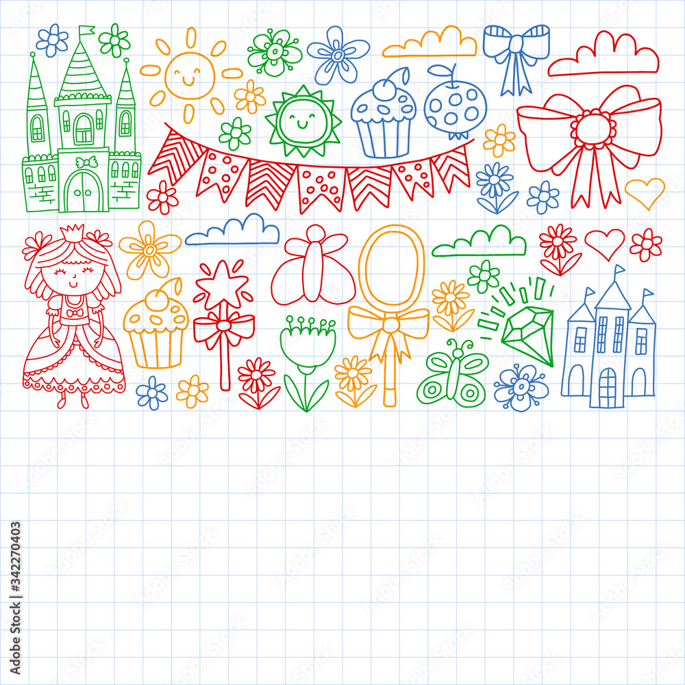 Princess illustration for happy birthday party. Children illustration. Vector pattern for little girls. Princess illustration for happy birthday party. Children illustration. Vector pattern for little girls.