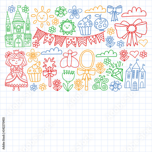 Princess illustration for happy birthday party. Children illustration. Vector pattern for little girls.