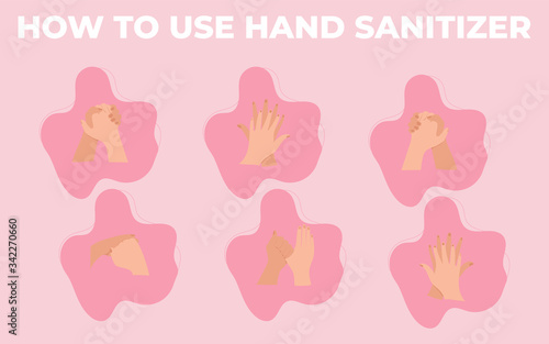 Personal hygiene wash hands alcohol sanitizer gel. Infographic how to use sanitizer to make base hygiene like a disease prevention.